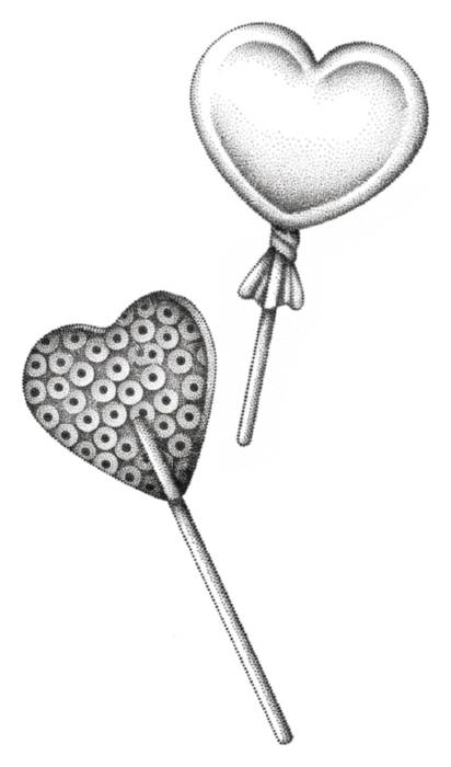 Two heart-shaped lollipops with a ribbon, dotwork flash by Tuba