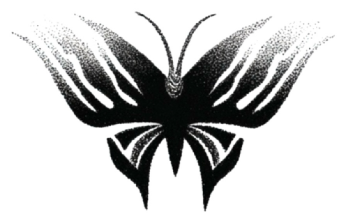 Butterfly whose wings break into flames, blackwork flash by Tuba